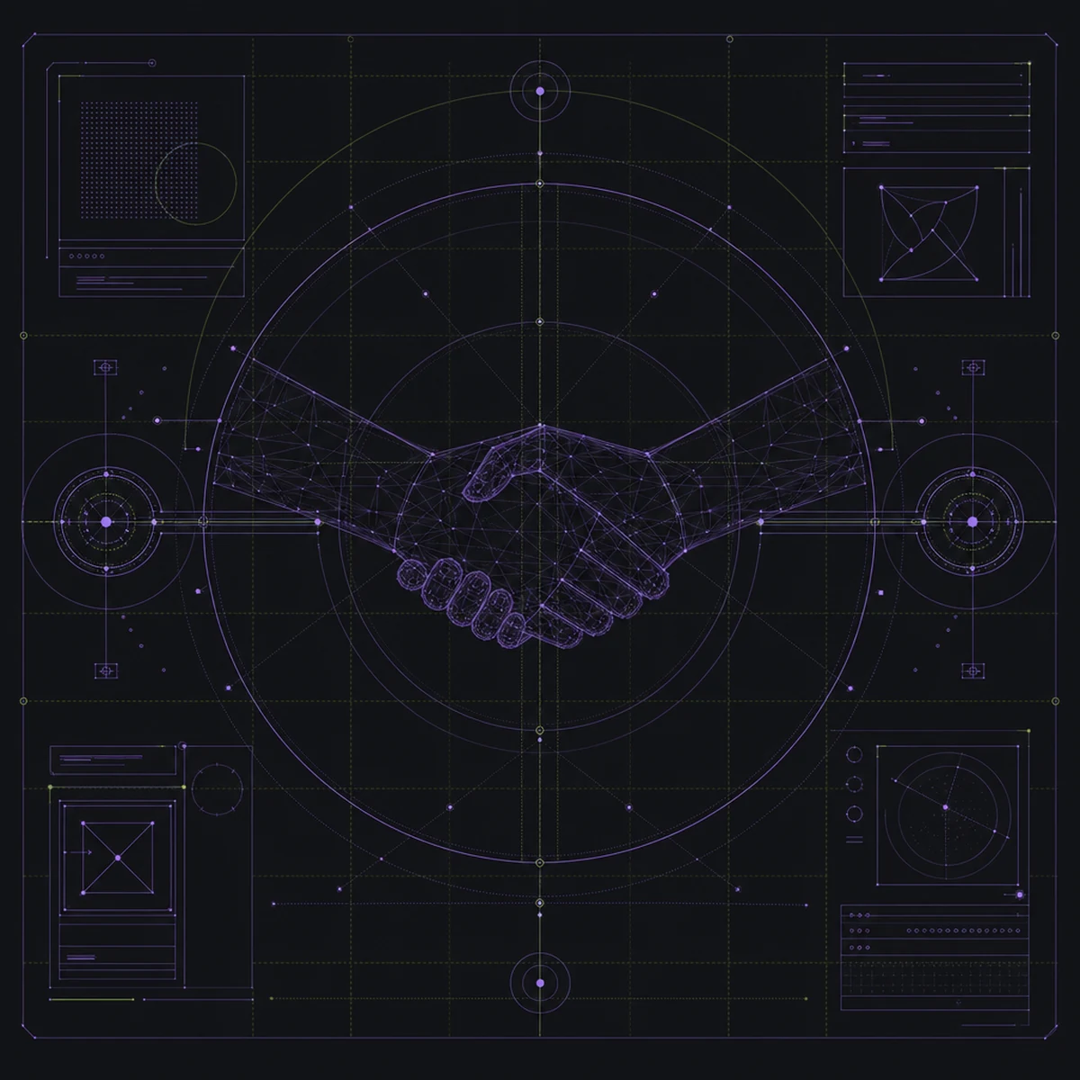 Grid Handshake — Circular path geometry and metadata overlays used to hold the layout in place.